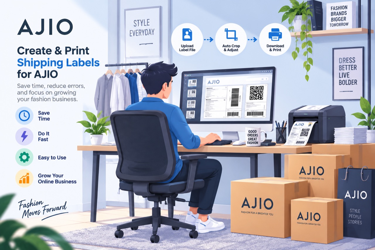 An AJIO seller at a desk: label sheets on screen, cropped labels printing, AJIO cartons packed and ready.