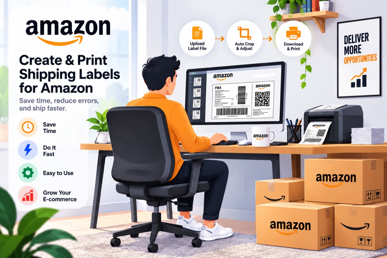An Amazon seller at a desk: a label file on screen, cropped labels printing, Amazon cartons packed and ready.