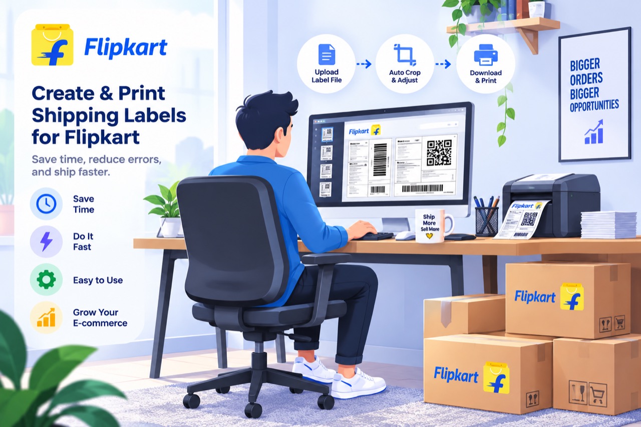 A Flipkart seller at a desk: label sheets on screen, cropped labels printing, Flipkart cartons packed and ready.