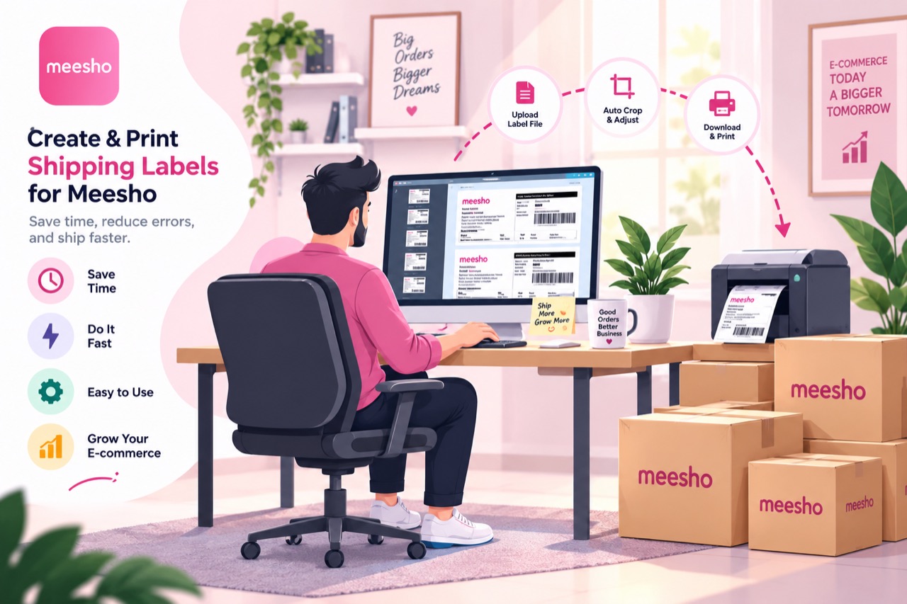 A Meesho seller at a desk: label sheets on screen, cropped labels printing, Meesho cartons packed and ready.
