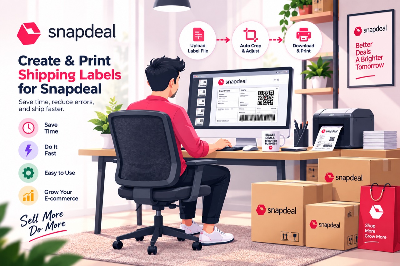 A Snapdeal seller at a desk: label sheets on screen, cropped labels printing, Snapdeal cartons packed and ready.